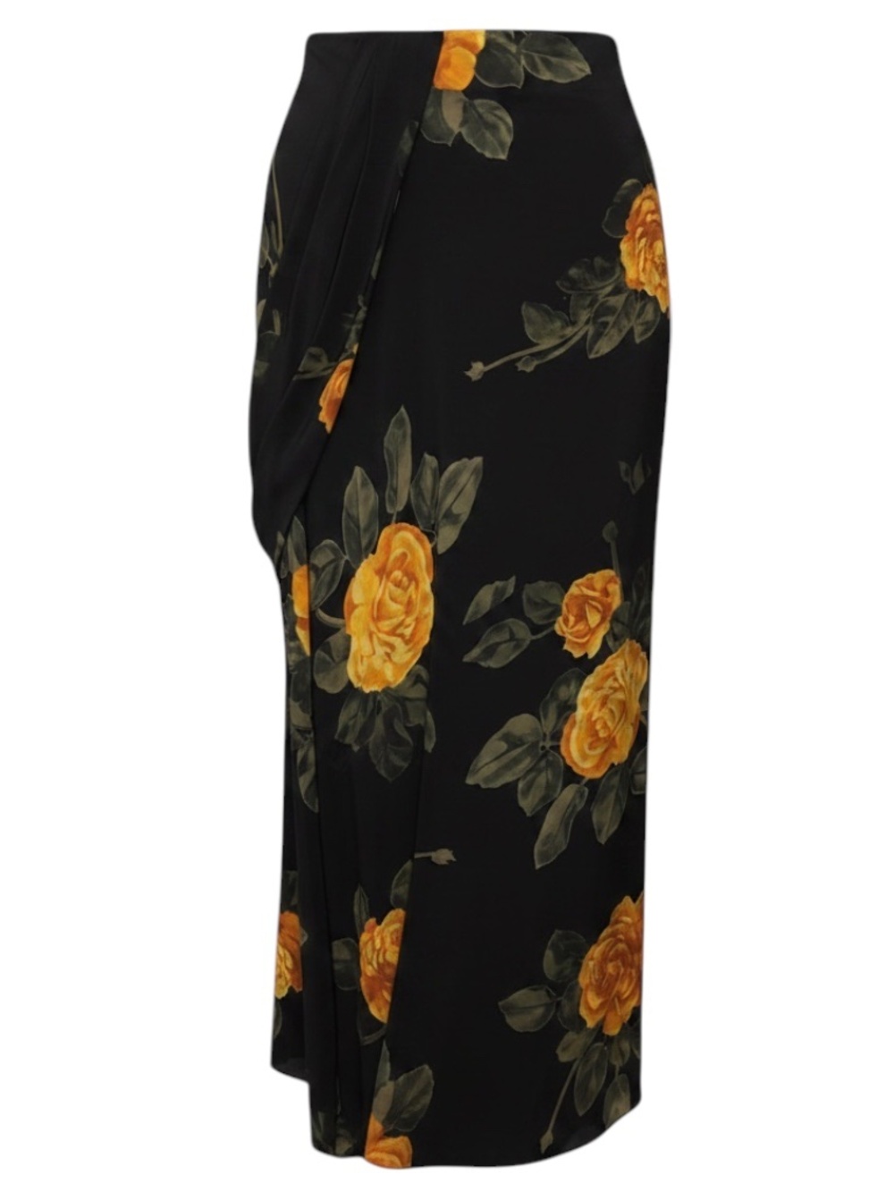 SIMONE ROCHA BLACK / YELLOW MULTI FLORAL PRINTED SILK MAXI SKIRT WITH DRAPED DET